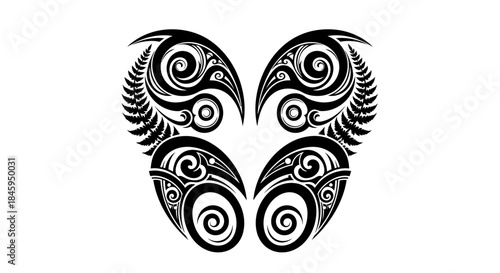 Tribal tattoo design with swirling patterns and fern elements on white background.
