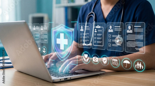 Healthcare professional using a laptop to manage protected medical records with digital security icons for data protection, patient privacy, and secure health information systems.