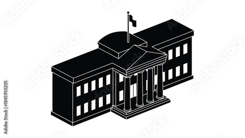 A striking black and white illustration of a classic governmental building with a flag
