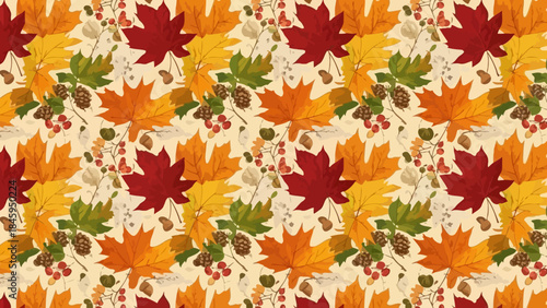 Seamless pattern of autumn leaves and berries in warm colors, natural fall seasonal background