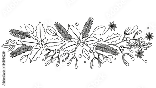 Christmas botanical outline border with holly, mistletoe, and pine branches on isolated white background