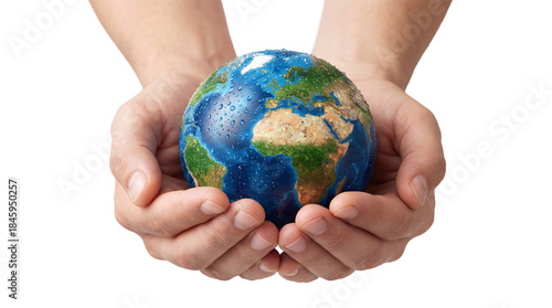 Human hands holding a wet Earth globe for environment and global responsibility on white or transparent background.