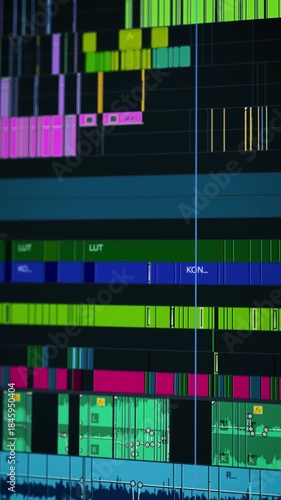 inematic multitrack video editing timeline screen with colorful audio waveforms and video layers in advanced editing software for digital filmmaking and multimedia production