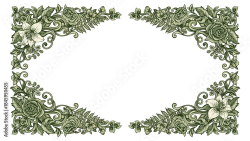 Elegant Decorative Floral Frame Border with Roses and Green Leaves on Isolated White Background