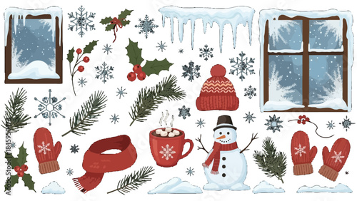 Collection of Christmas and Winter Holiday Elements with Snowman, Mittens, Hot Chocolate and Window on Isolated White Background