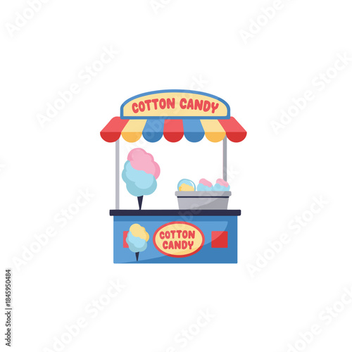 Cotton candy stand with vibrant awning dispensing sweet treats. Perfect for summer event promotions, food blogs, or carnivalthemed designs.