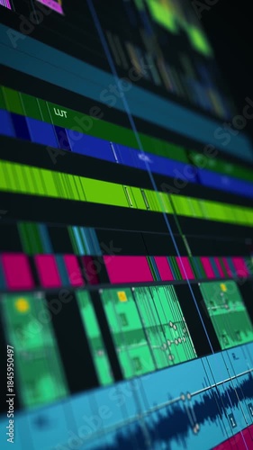High-resolution macro view of a video editing timeline during post-production, featuring synchronized audio and video tracks, color grading layers, and cinematic sequencing interface