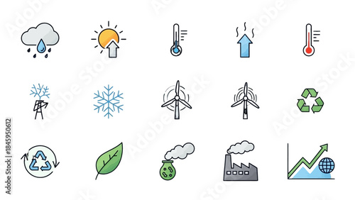 Comprehensive Set of Weather and Environmental Icons Representing Climate, Energy, Industry, and Sustainability on White Background