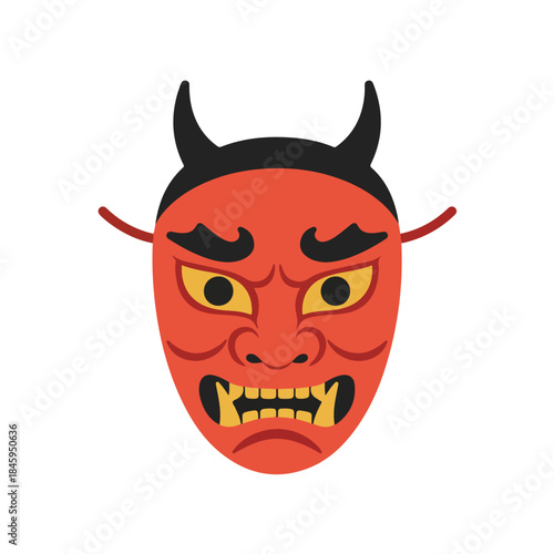 Traditional red horned japanese oni mask suitable for designs needing a fierce and cultural touch, such as posters or merchandise.