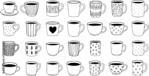 A Variety of Hand-Drawn Coffee Mugs and Teacups for Your Design Needs