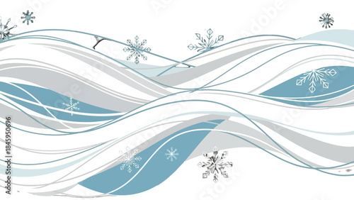 Abstract Winter Background with Flowing Blue and White Wavy Lines and Snowflakes, Serene Frosty Landscape Design, Elegant Cold Season Banner or Header, Modern Ice and Snow Pattern
