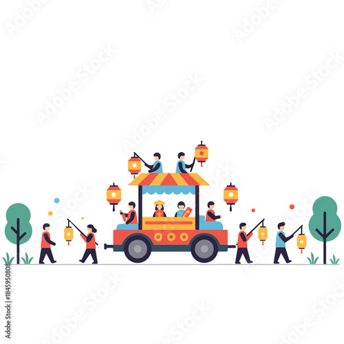 People ride a cart with lanterns at a cultural festival suitable for promoting festive events, cultural celebrations, and community gatherings.
