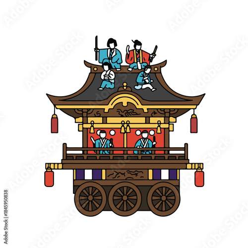 Japanese festival float with traditionally dressed people suitable for cultural events, travel blogs, asian festivals, traditional celebrations, festive backgrounds.