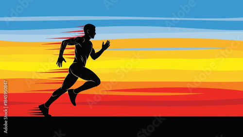 Silhouette of a man running with speed lines against a vibrant sunset striped background, conveying energy and determination.
