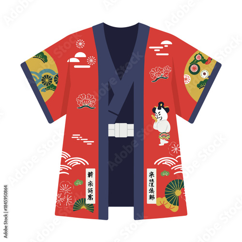 Red japanese happi coat with festive designs. Suitable for cultural events, celebrations, and asianthemed designs in marketing materials.