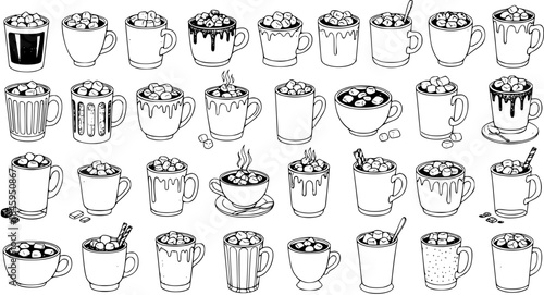 Hand-drawn hot chocolate mugs with marshmallows seamless pattern, black and white doodle style for winter drinks and holidays.