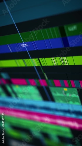 High-resolution macro view of a video editing timeline during post-production, featuring synchronized audio and video tracks, color grading layers, and cinematic sequencing interface