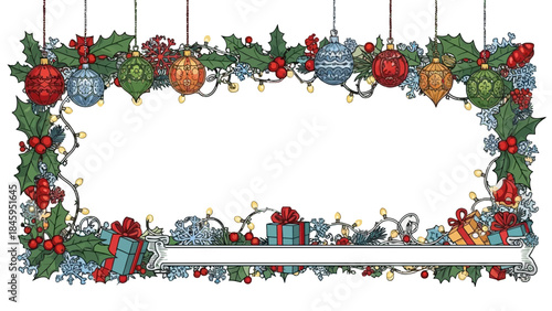 Festive Christmas Garland Frame with Holly, Ornaments, Gift Boxes, and Banner on Isolated White Background