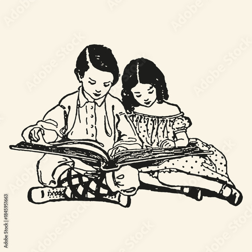 Children Reading Together Vintage Illustration