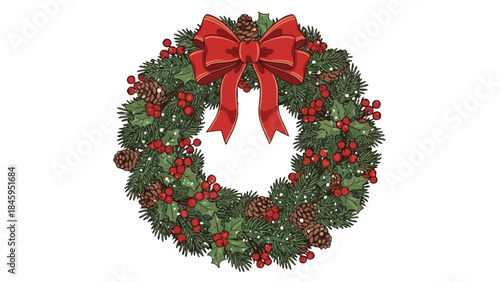 Traditional Christmas Wreath with Red Bow, Holly, Pine Cones, and Berries on Isolated White Background