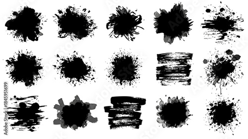 Black Ink Splatter and Brush Stroke Collection on Isolated White Background