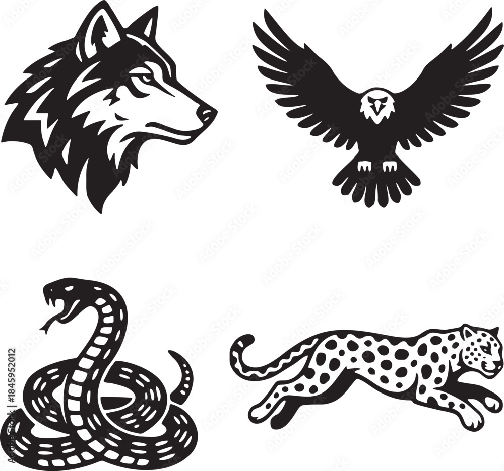 Fototapeta premium Wild Animal Icon Vector Set: Wolf Head, Eagle Flying, Coiled Snake, and Leopard Silhouette Mascot Logos for Sports Team, Security, and Wilderness Graphic Designs