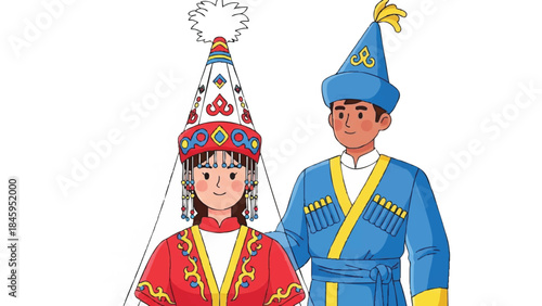 Traditional Central Asian couple in festive attire