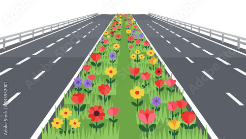 Floral median on highway with colorful flowers and green grass - Concept of Road  