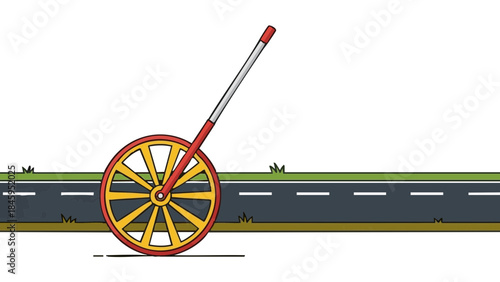 Measuring wheel rolling on asphalt road with grass on edges  