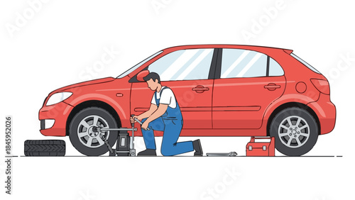 Mechanic changing tire on red car while kneeling beside roadside  