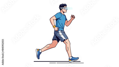 Young man jogging with smart glasses on a white background - Concept of Road  