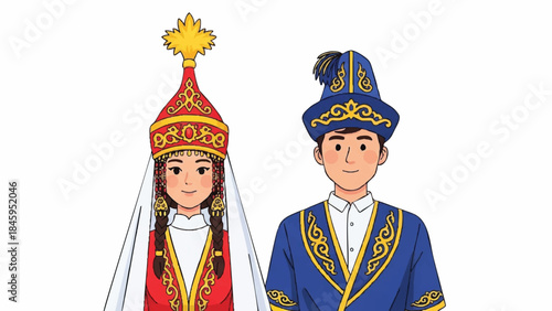 Traditional Central Asian couple in ornate ceremonial attire