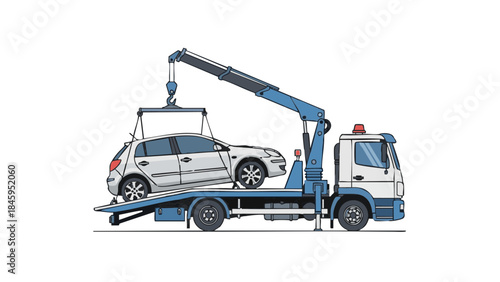 Tow truck loading hatchback car on flatbed for roadside assistance  