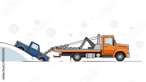 Tow truck rescuing blue vehicle stuck in snow during winter  