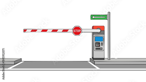 Urban parking lot entrance gate with stop sign and barrier 