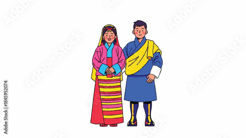 Traditional Asian couple in colorful cultural attire