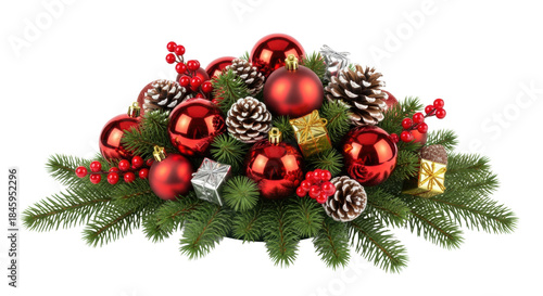 elegant christmas centerpiece with deep-green fir, glossy red baubles, snowy pinecones, and foil gifts, isolated on transparent background with copy space. Concept of holiday celebration