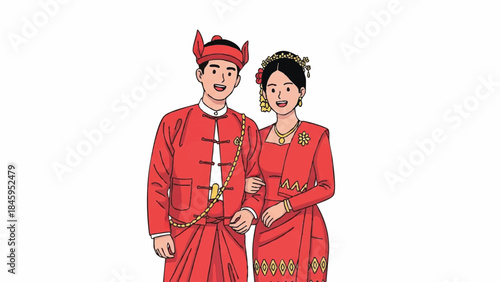 Traditional Asian couple in red wedding attire