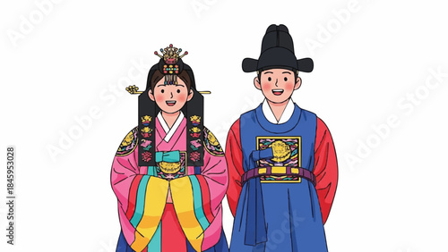 Illustration of Traditional Korean Wedding Couple in Historical Attire