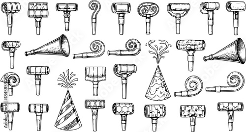 Vintage Party Horns and Noisemakers Collection: Hand-Drawn Celebration Illustrations