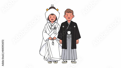 Couple in Traditional Japanese Wedding Attire Illustration Isolated on White