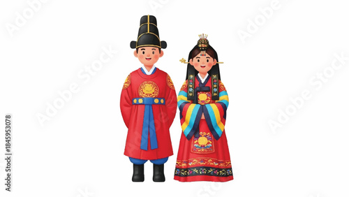 Traditional East Asian Couple in Vibrant Royal Attire Illustration Isolated on White