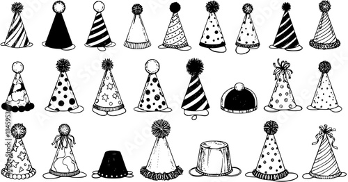 Hand Drawn Party Hats Set. Doodle Collection of Black and White Birthday Celebration Caps with Various Patterns and Styles.