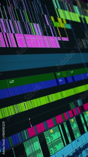 Close-up view of a digital video editing timeline with synchronized audio and video tracks, used in cinematic post-production, filmmaking, and multimedia content creation