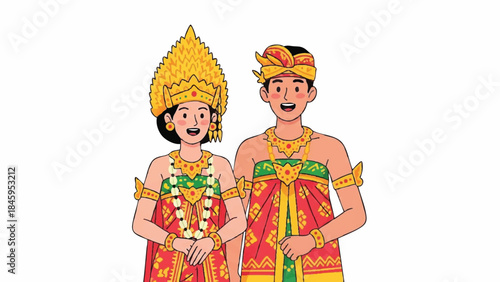 Traditional Indonesian Couple in Elaborate Cultural Attire Illustration