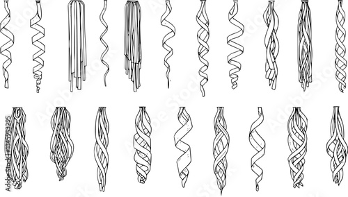 Collection of Hand-Drawn Illustrations of Various Curly Ribbons and Streamers