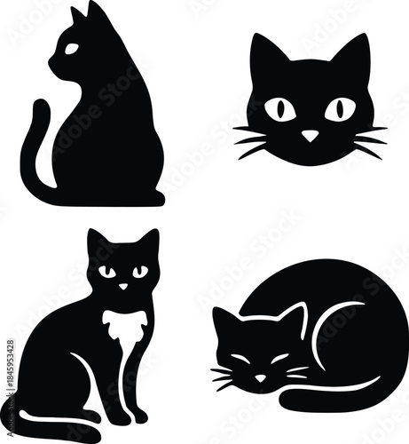 Four Black Cat Icon Vector Set: Running, Sitting, Head Profile, and Face Silhouettes for Pet Shop, Veterinary, Animal Rescue Logos, and Feline Mascot Graphic Designs