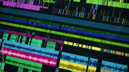 Close-up view of a digital video editing timeline with synchronized audio and video tracks, used in cinematic post-production, filmmaking, and multimedia content creation