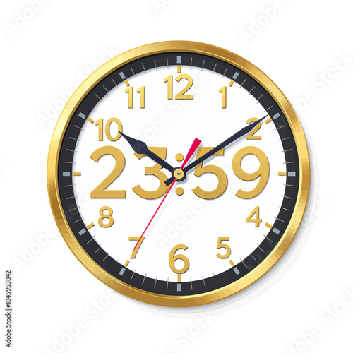 Digital 2359 Time Display on a Modern Wall Clock with Golden Bezel and Red Second Hand - A Close-Up View of Time Passing