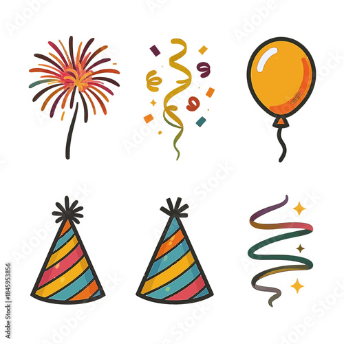 Vibrant vector illustration set of festive party elements, including colorful fireworks, confetti, balloons, and playful party hats, perfect for joyful celebration designs